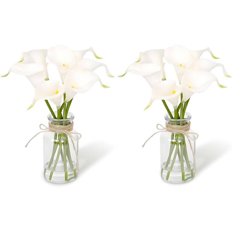 2PCS Calla Lily Artificial Flowers in Glass Vase with Faux Water - 2 pcs