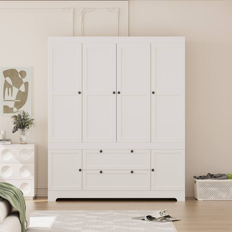 Gyomojoy Large White Wardrobe Closet with Drawers & Doors, Modular Armoire with Hanging Rods, Apartment & Dorm Storage