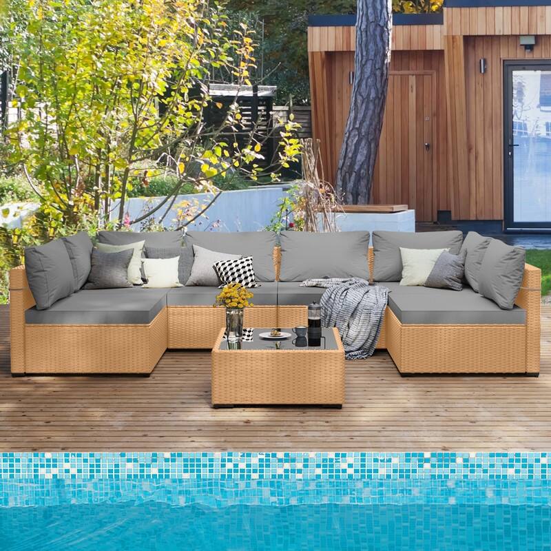 Patio Watcher 7-Piece Patio Yellow Wicker Sectional Seating Group with Cusions and Side Table