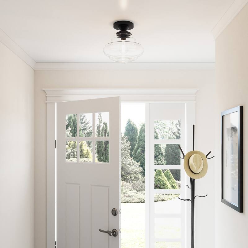 Modern Black Dimmable 1-Light Semi-Flush Mount Ceiling Light with Glass Shade