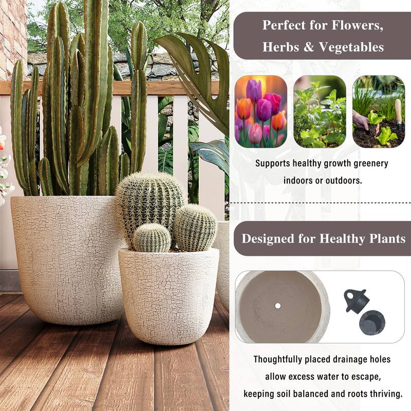 Lightweight Planter Set of 3,16.93"+13.78"+11.02"Dia Round Concrete Stackable Flower Pots with Drainage Holes and Rubber Plug