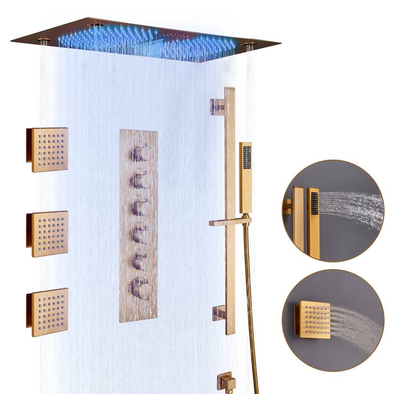 Luxury 5-Spray Patterns 28 in. Ceiling Mount Shower System with Handheld Shower Head, 3 Body Jets, LED, and Music - 16" x 28" - Brushed Gold
