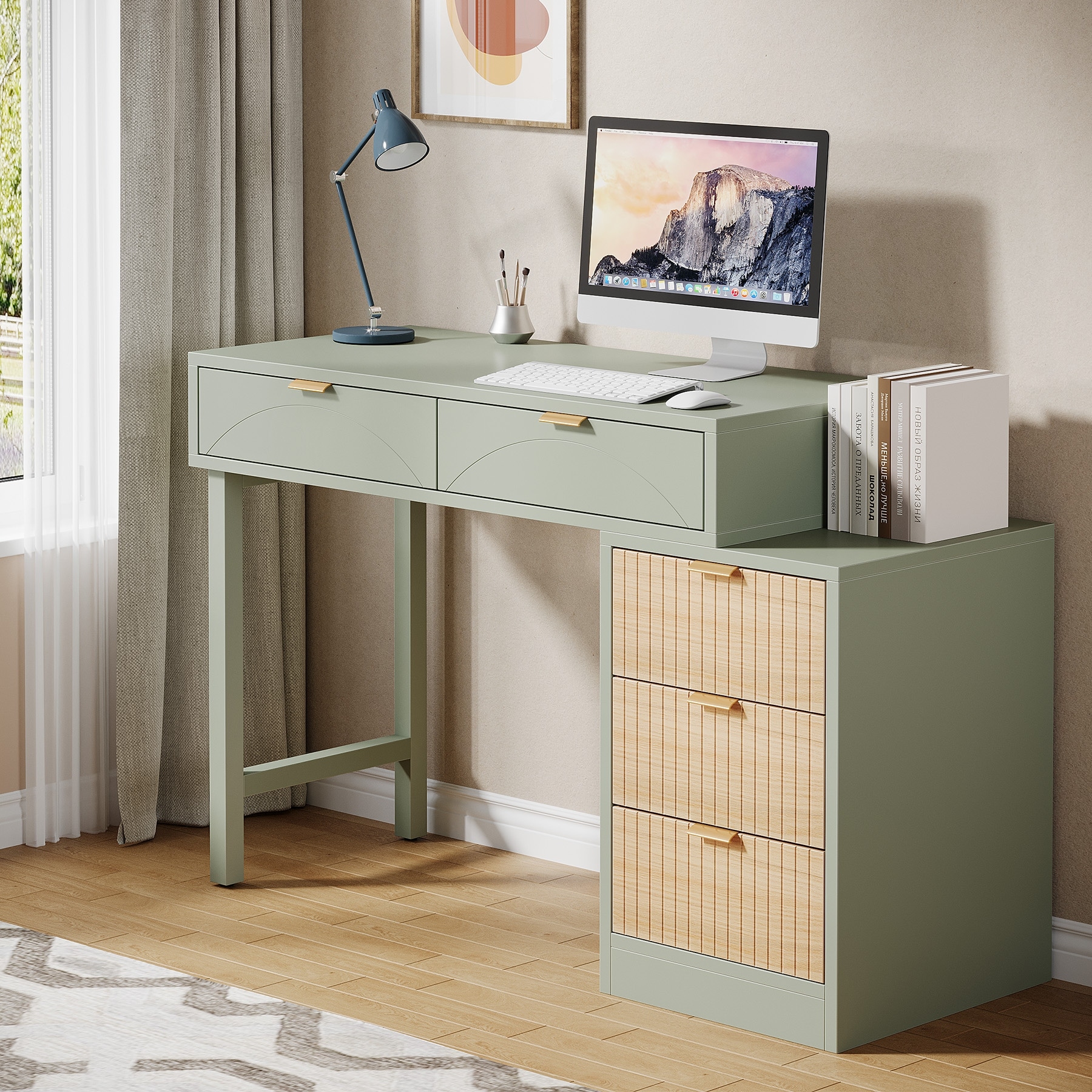 Reversible Computer Desk with 5 Drawers for Home Office