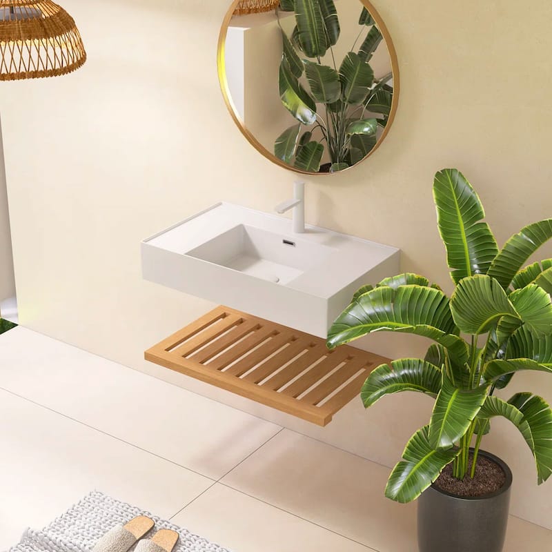 Wall-Mounted Bathroom Vanity in Natural Wood with White Integrated Acrylic Sink