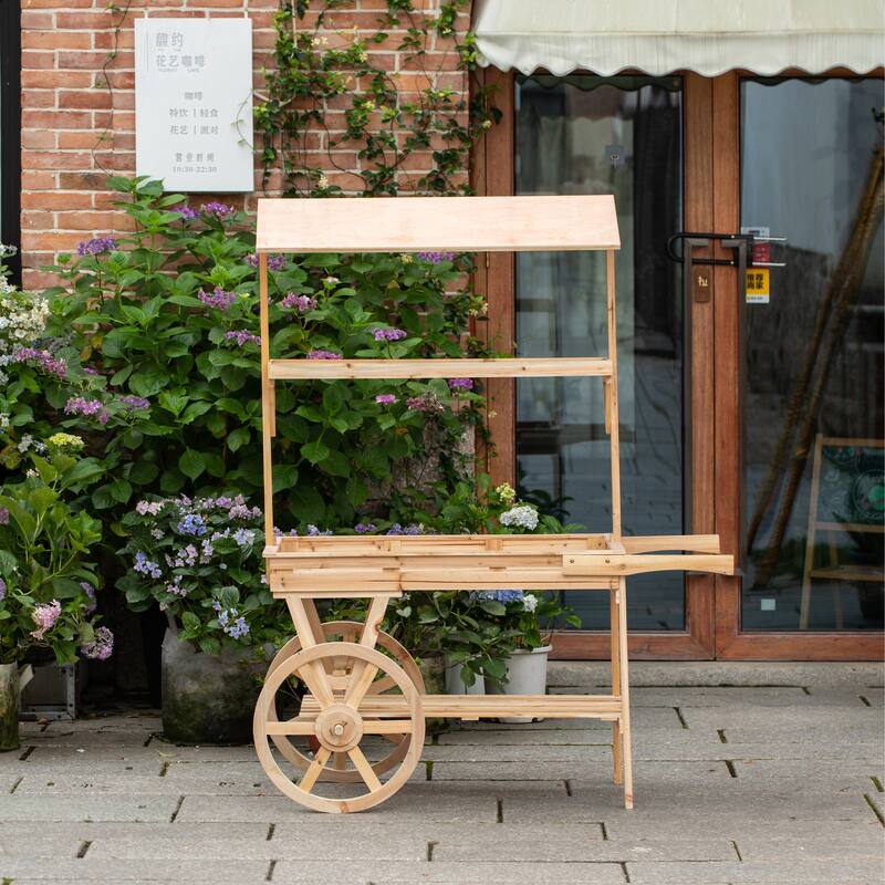 Wooden Rolling Table Cart with 2 Wheels Wagon with Shelves for Display Rack