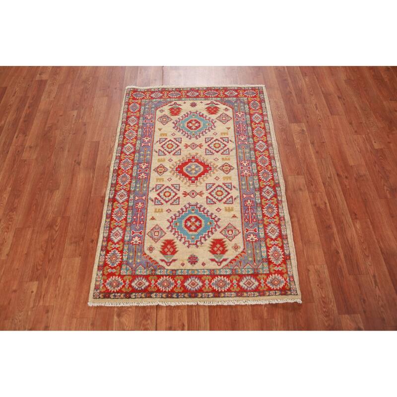 Traditional Kazak Accent Rug Hand-Knotted Beige Wool Carpet - 2'10"x 4'0"