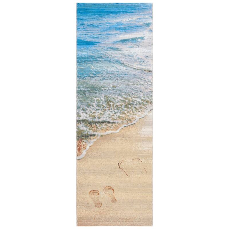 SAFAVIEH Barbados Bukurie Tropical Indoor/ Outdoor Waterproof Patio Backyard Rug - 2'8" x 10'5" Runner - Gold/Blue
