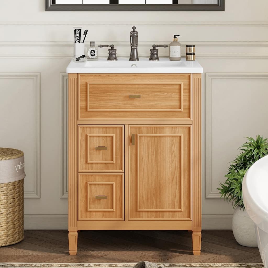 24" Bathroom Vanity with Sink, Bathroom Vanity Cabinet with One Flip Drawer and Two Drawers, Adjustable Shelf
