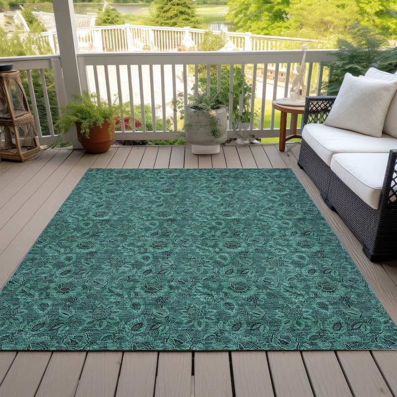 Machine Washable Indoor/ Outdoor Chantille Floral Rug - Teal - 5' x 7'6"