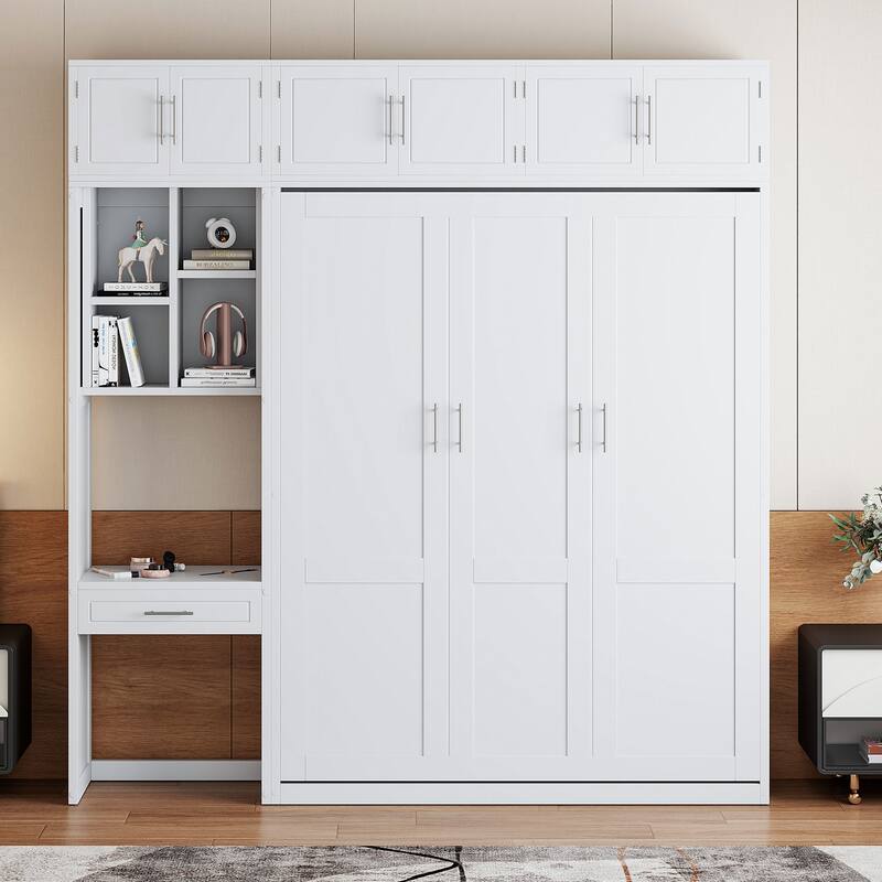 Space-Saving Queen Murphy Bed with Desk, Storage Shelves and Top Cabinets, Foldable Wall Bed in White