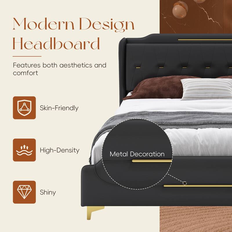 King Size PU Upholstered Platform bed with Wingback Headboard And Footboard - Black