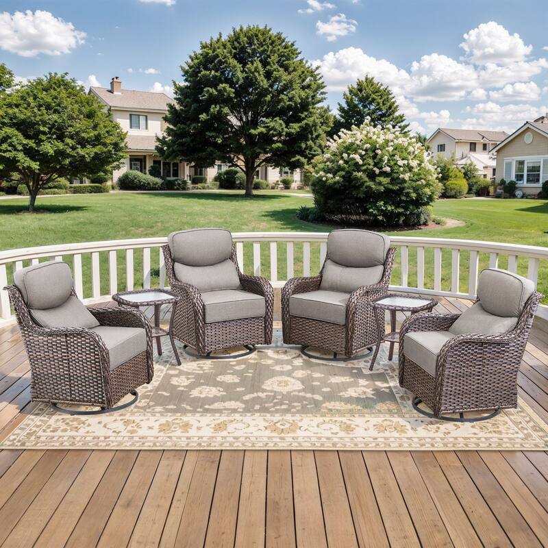 Outdoor Swivel Chairs with 6-Inch Thick Cushions for Garden - Brwon Wicker Grey Cushion - 6PCS Swivel Chair w/ Table
