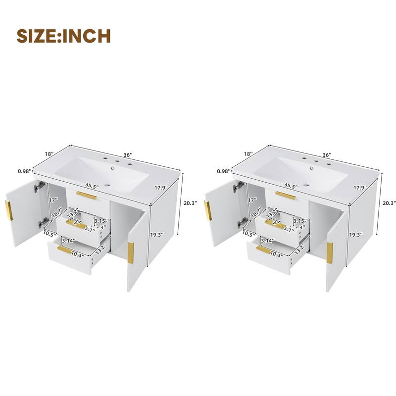 Roomfitters 72" Wall Mounted Bathroom Vanity with Sink, Floating Solid Wood Storage Cabinet with Drawers