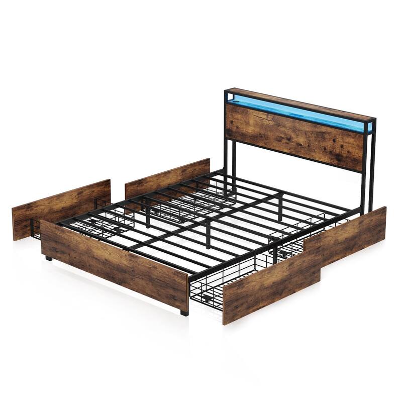 Platform Bed with Storage Headboard, Charging Station and LED light