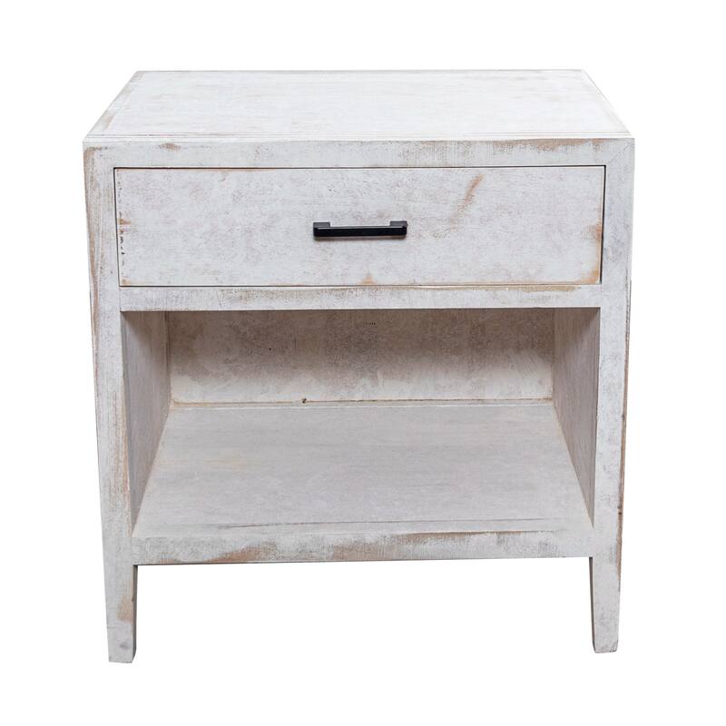 Distressed White Solid Wood 1-Drawer Nightstand Bedside Table with Shelf