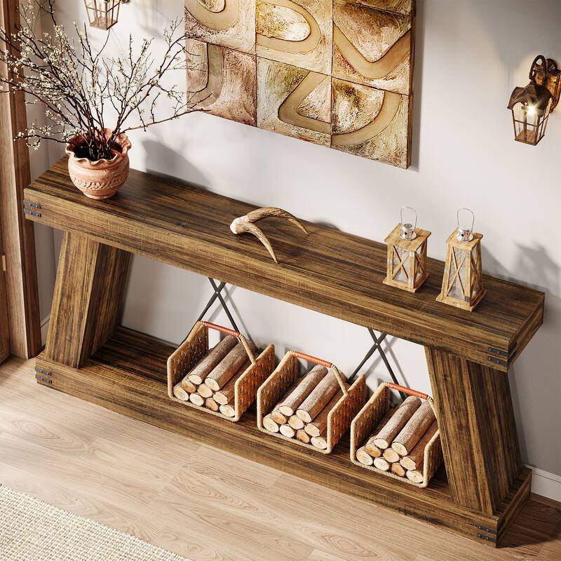 70.9” Farmhouse Console Table, Brown Entryway Table with Storage - Large