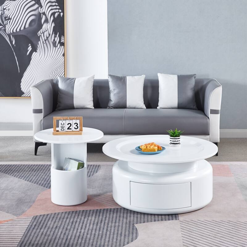 2 Pieces White MDF Round Coffee Table Set for Living Room
