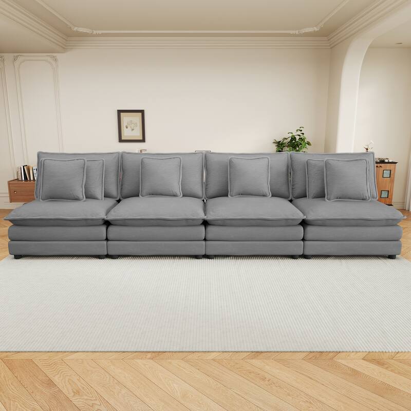 141.6 Inch Modern Modular Sectional Sofa, Upholstered Corduroy Couch with 4 Throw Pillows - Dark Grey
