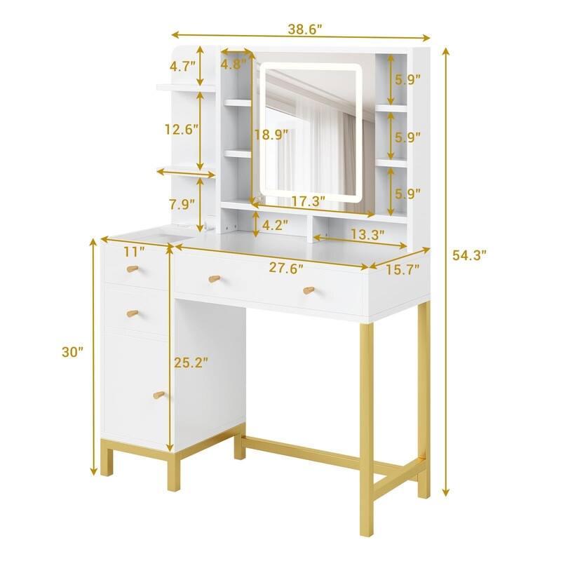 Makeup Vanity Desk with LED Lighting, Large Mirror, 3 Drawers, Cabinet & Open Shelves