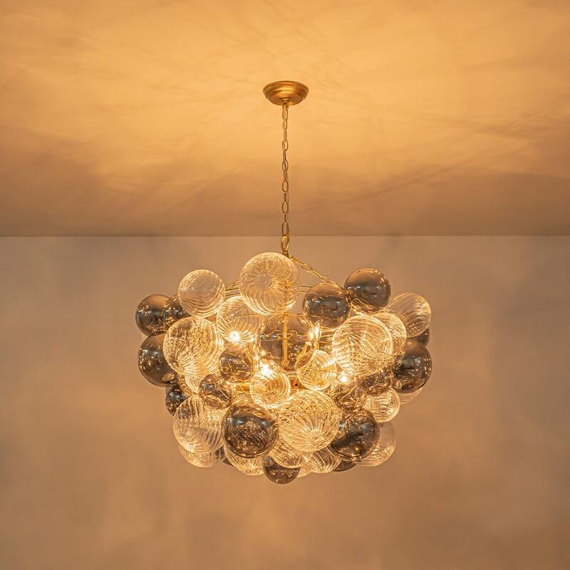 Statement 8-Light Swirled Smoked Glass Globe Round Bubble Chandelier - Brass Finish