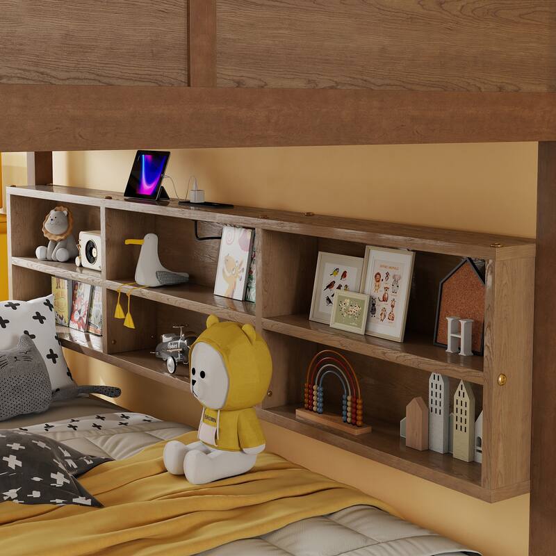 Queen Over Queen Bunk Bed with Built-in Storage Cabinets,Charging Station