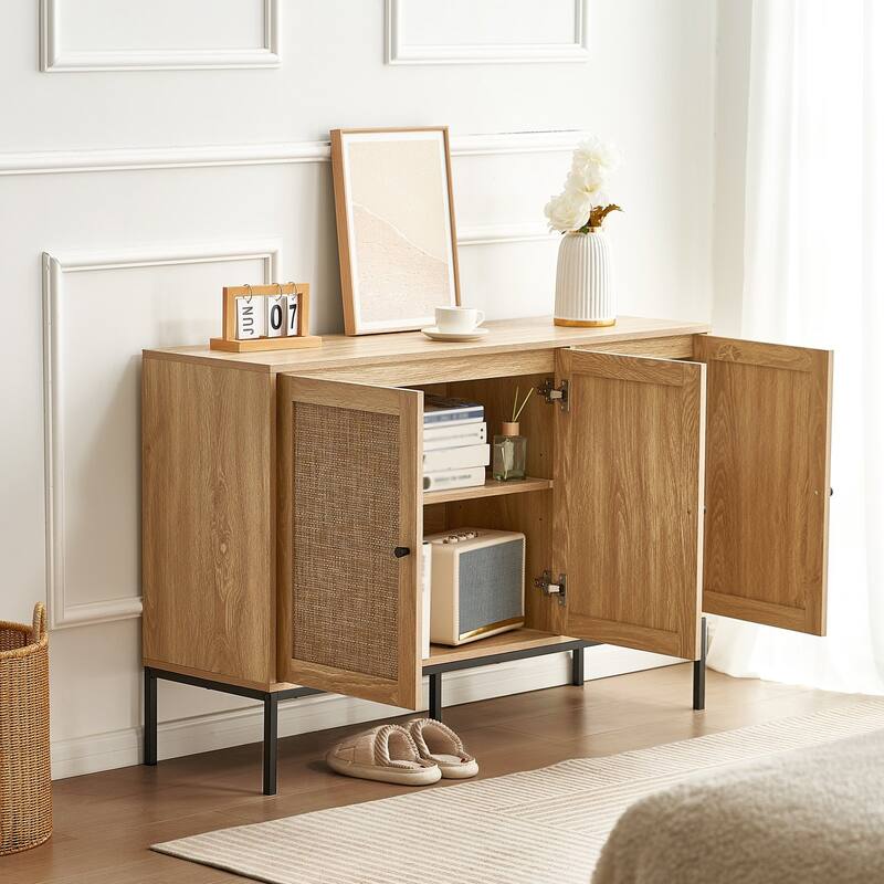 47i Ich Natural Rattan Storage Cabinet with 3 Magnetic Doors and Adjustable Shelves - 47.2 x 14.1 x 31.5 in