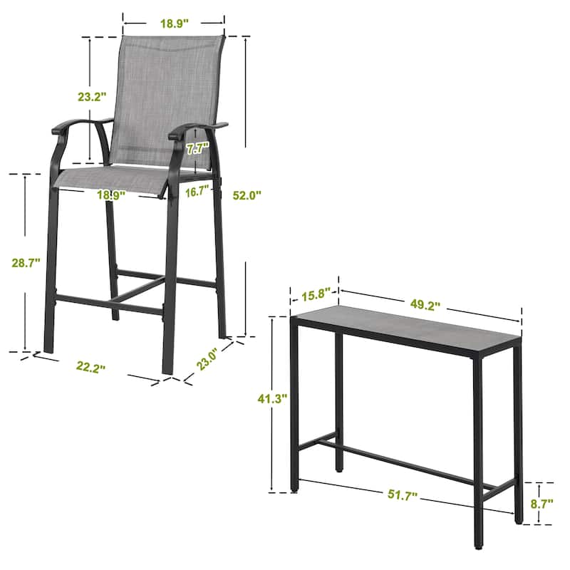 Patio 3-Piece Textilene Bar Set with High Backrest, Black and Gray