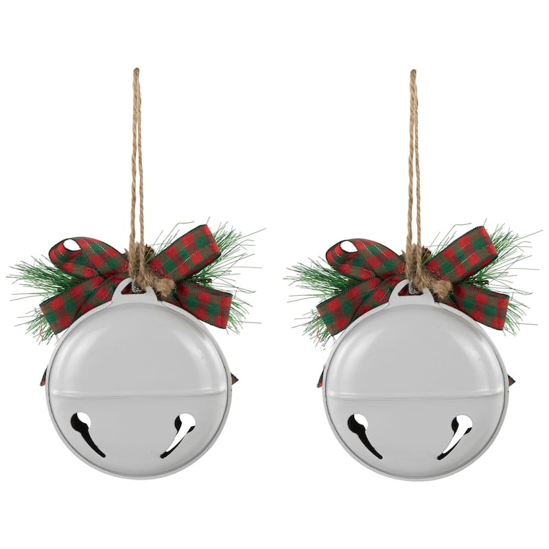 Jingle Bells with Pinecone Bows Disc Christmas Ornaments - 5" - White - Set of 2