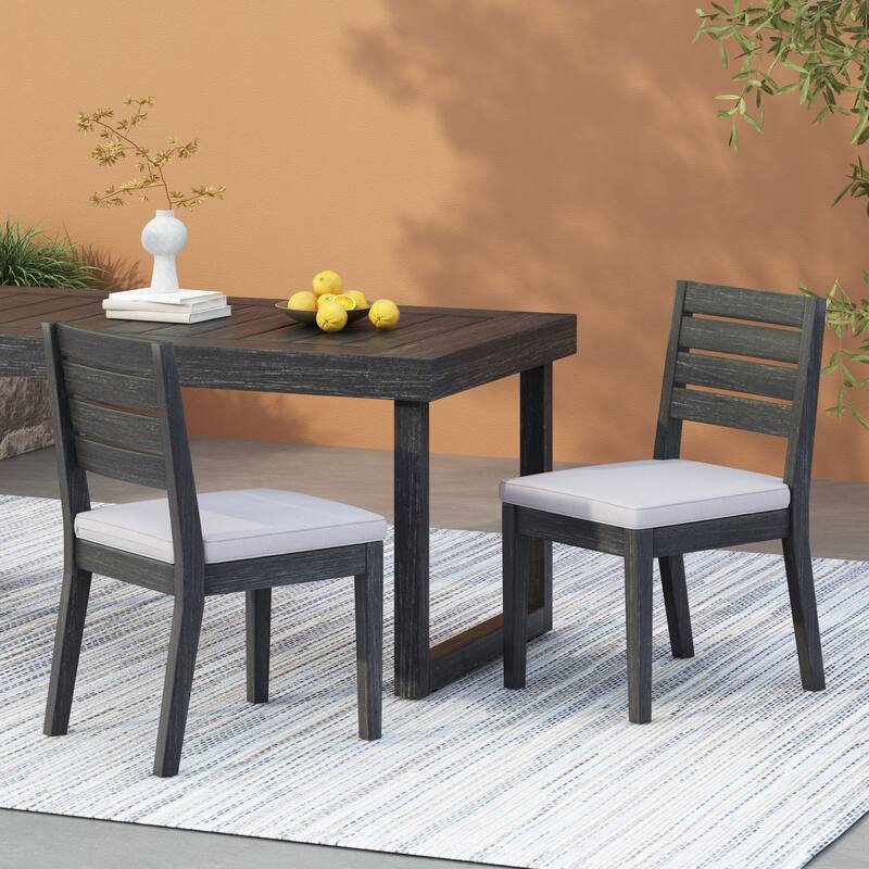 Outdoor Acacia Wood Armless Dining Chair with Cushions (Set of 2), Sandblasted Dark Gray + Light Gray