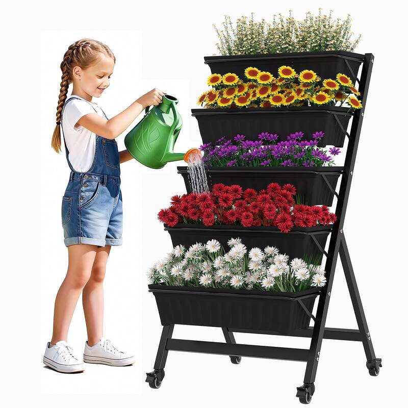 VECELO 5-Tier Rolling Plant Stand with Wheels Black Metal Tiered Plant Shelf with Removable Trays for Indoor Outdoor Garden Use