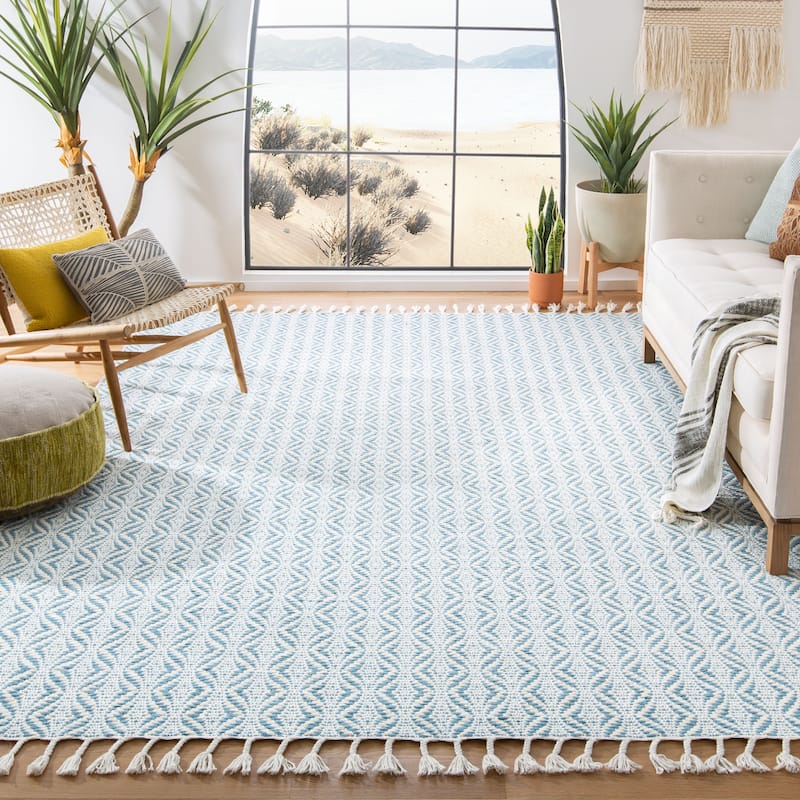 SAFAVIEH Handmade Natura Sejla Transitional Geometric Beige Wool Rug - 9' x 12' - Blue