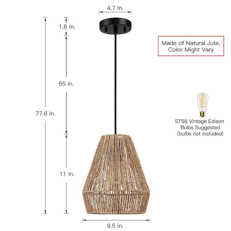True Fine Bohemian Natural Jute Rope Island Mini Pendant Light with Black Hardware