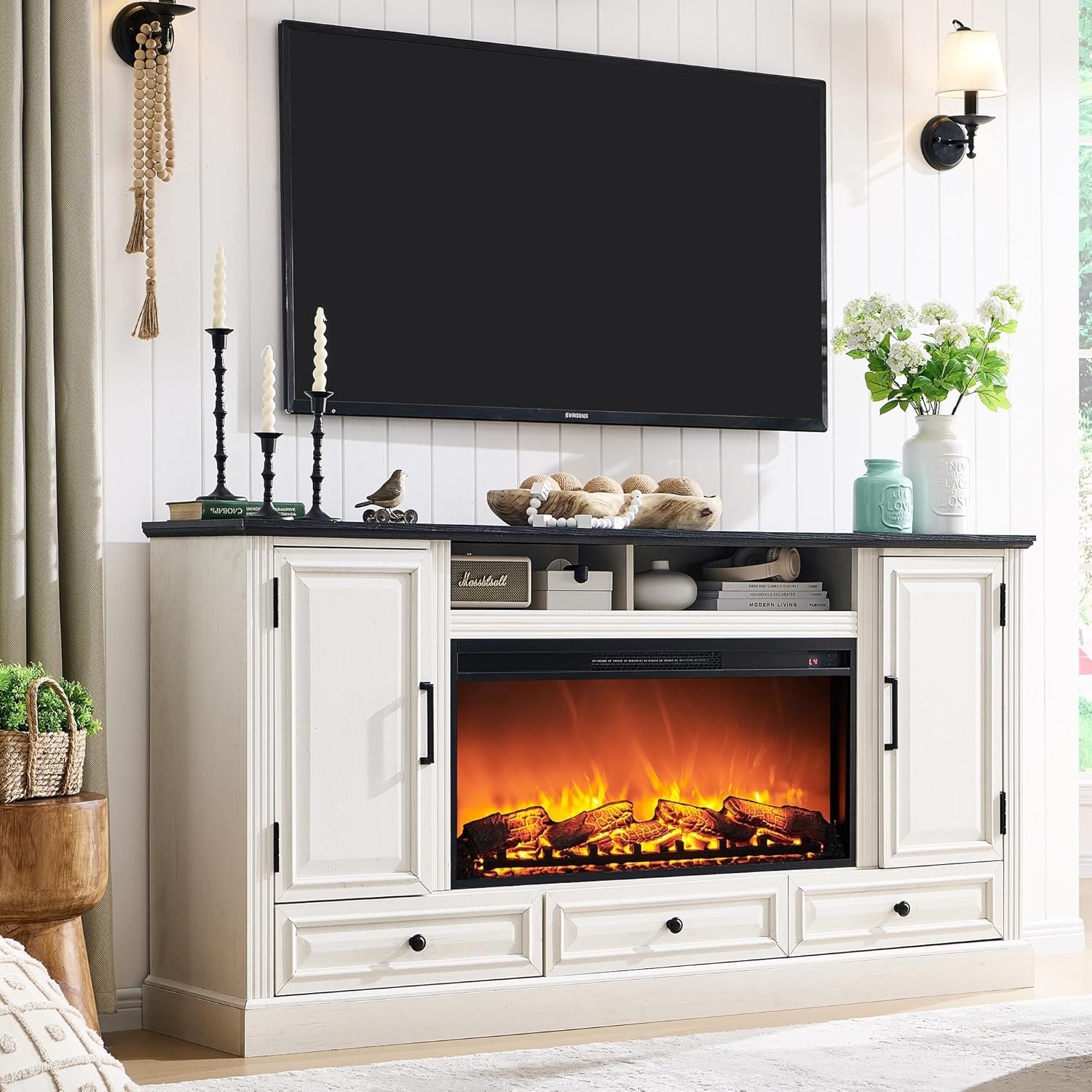 familiar80 フォーマル Farmhouse Fireplace TV Stand for 80 Inch TV, Entertainment Center