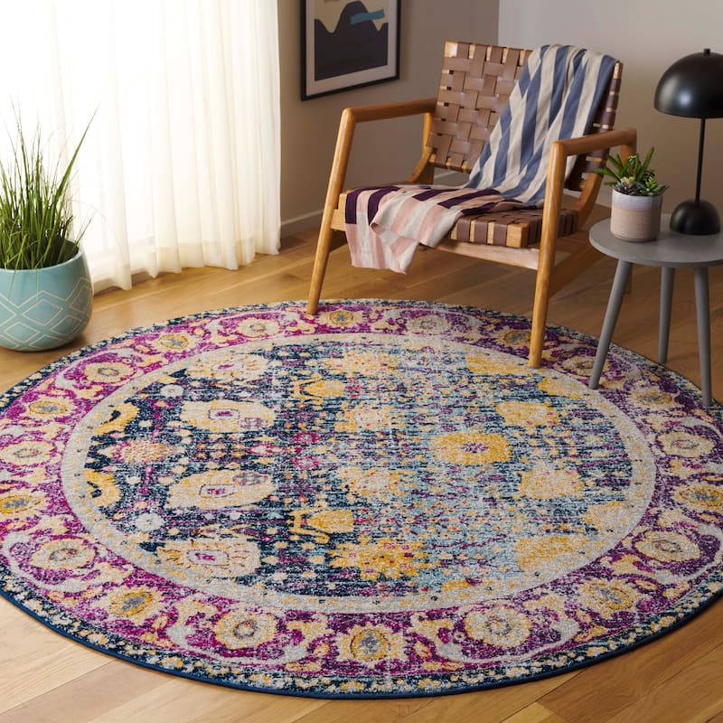 SAFAVIEH Granada Saapke Distressed Vintage Boho Oriental Rug - 6'7" Round - Blue/Fuchsia