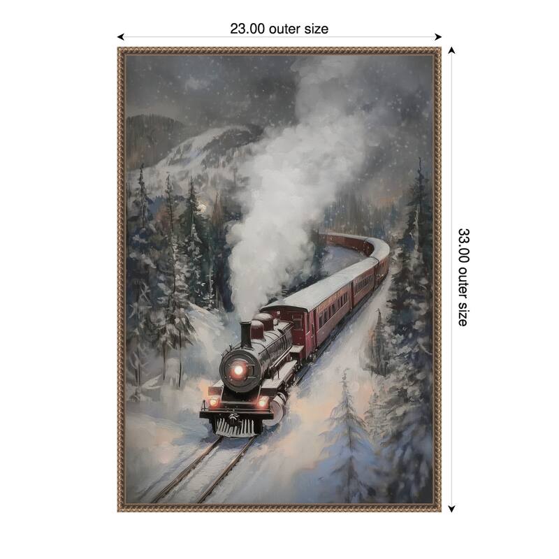 Snowfall Steam Train by Melloi Art Prints (23 x 33 in.), Framed Canvas Wall Art Print - Sylvie Beaded Dark Gold