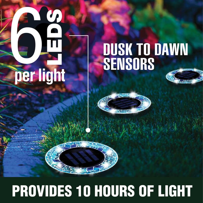 Bell + Howell 6 LED Round Blue Mosaic Solar Powered Disk Lights with Auto On/Off - 4 Pack