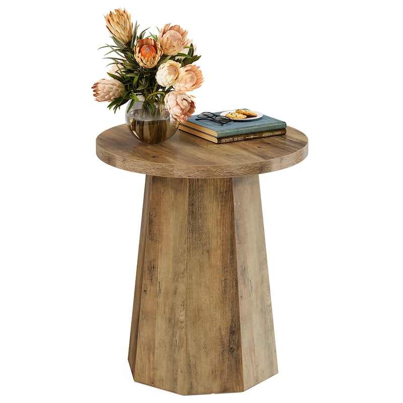 Farmhouse Wood Round End Side Couch Table with Octagonal Base