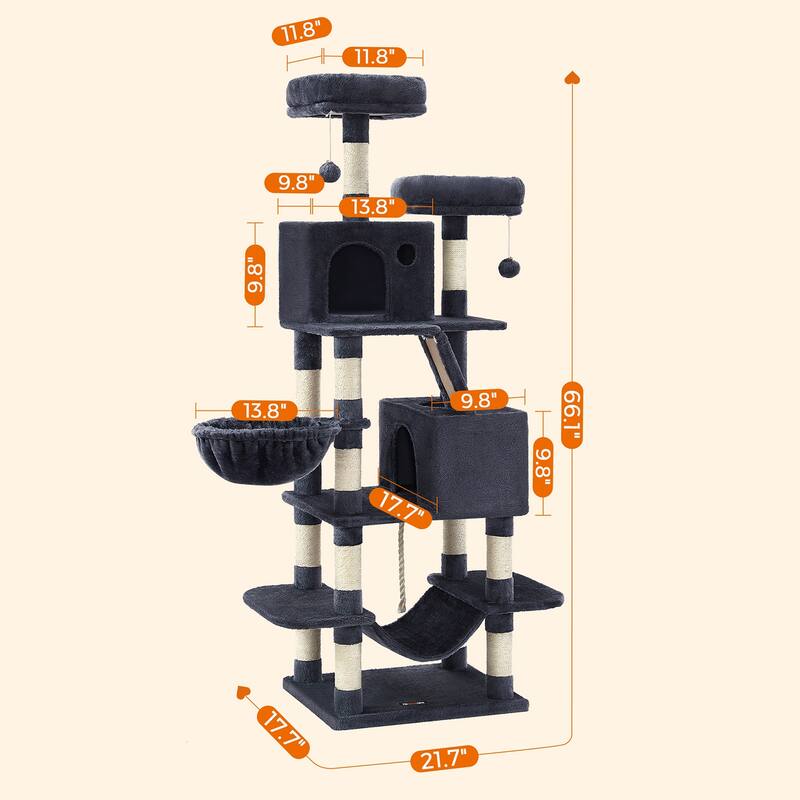 Cat Tree, 66.1-Inch Large Cat Tower with 13 Scratching Posts, 2 Perches, 2 Caves, Basket, Hammock, Pompoms
