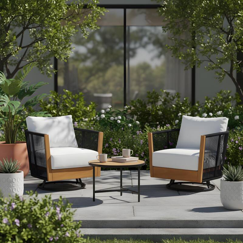 Christopher Knight Home - Modern 2-Piece Outdoor Acacia Wood Swivel Chair with Rope Design