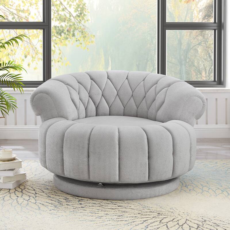 Roomfitters 46 Inch Oversized Round Barrel Swivel Accent Chair with Channel Tufting, Chenille - Grey