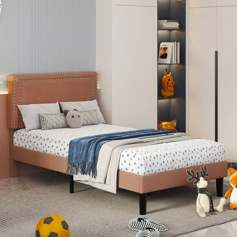 Set of 2 Twin Size Tufted Upholstered Platform Beds Dorm Style Minimalist Metal Frame with Slats No Box Spring Needed