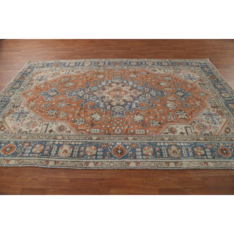 Orange Geometric Tabriz Persian Area Rug Hand-Knotted Wool Carpet - 6'3"x 9'6"