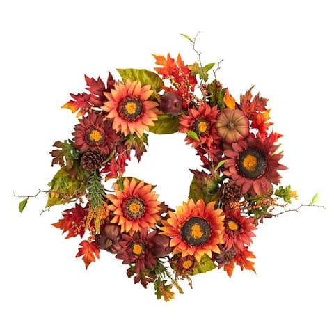 Nearly Natural 24" Sunflower Pumpkin & Berries Fall Artificial Wreath
