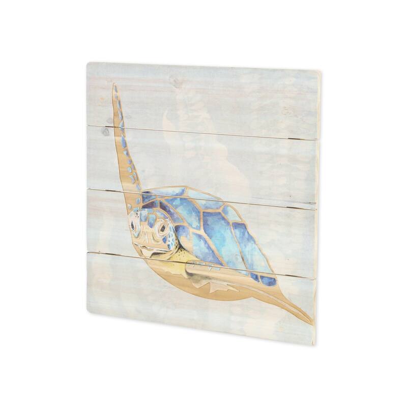 Swimming Sea Turtle Wooden Wall Art - Blue and Beige - 15.75" x 15.75"