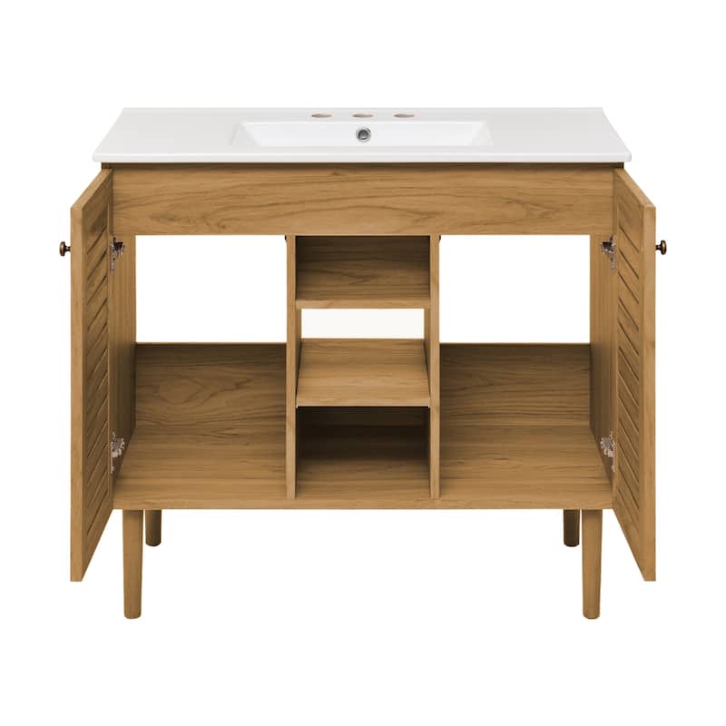 Bron 36 In. Brown Oak Bathroom Vanity With White, 3-Hole Ceramic Sink Top