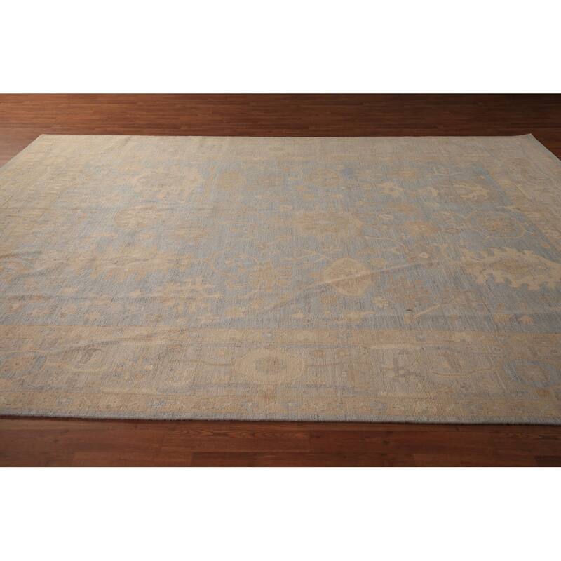 Vegetable Dye Oushak Turkish Area Rug Handmade Blue Wool Carpet - 8'11" x 11'11"