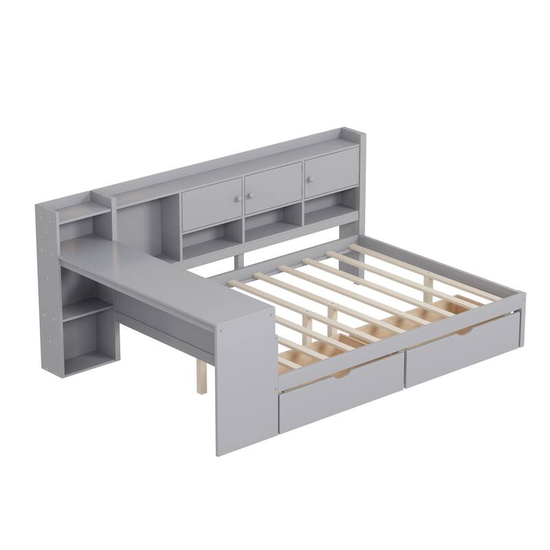Full Size Daybed with Storage 3 Cabinets and 2 Drawers, Wooden L-Shape Daybed Frame with Study Desk and Built-in Bookshelf