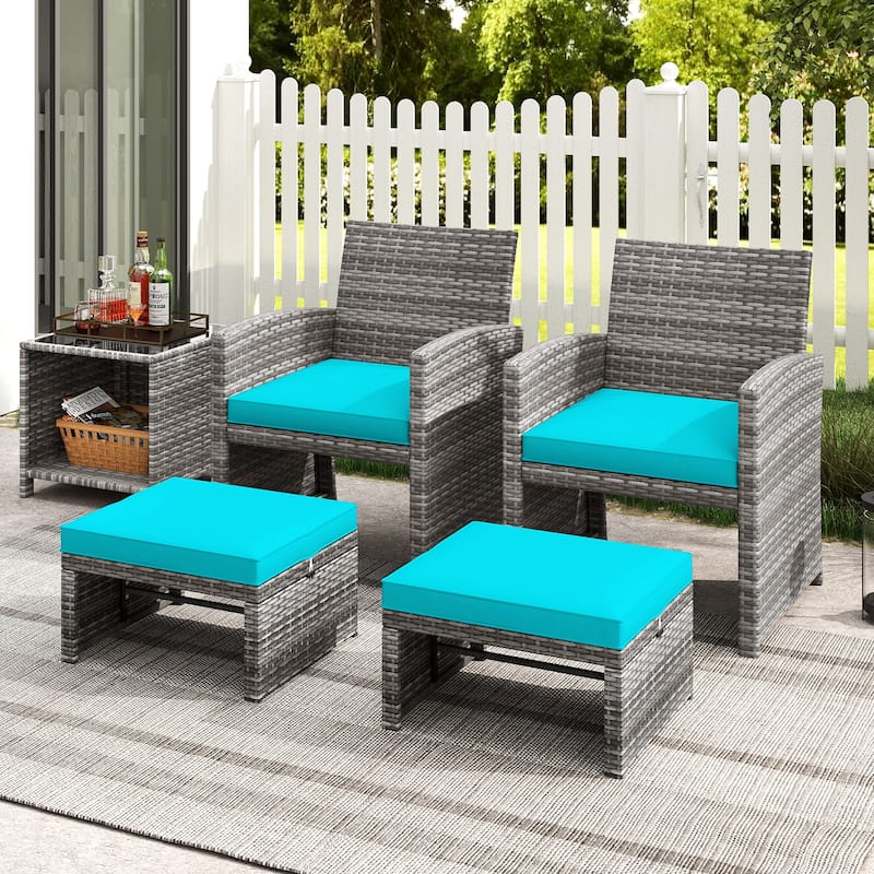 PE Rattan Outdoor Ottomans with Cushions, Footrest Seats or Tables - 16" L x 19" W x 9.5" H