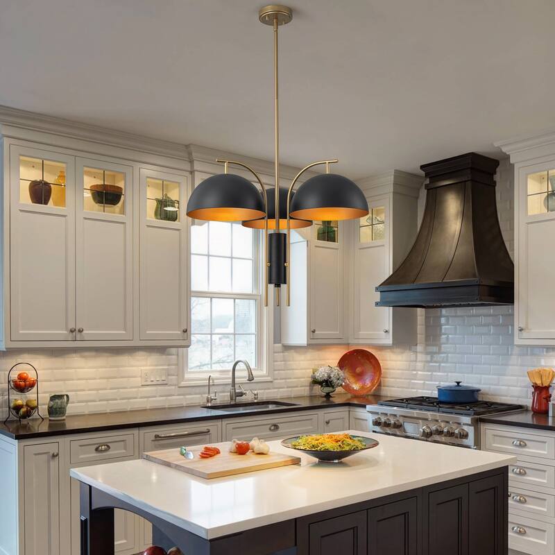 Modern Black and Gold Dome 3-Light Pendant Chandelier - W24.02"