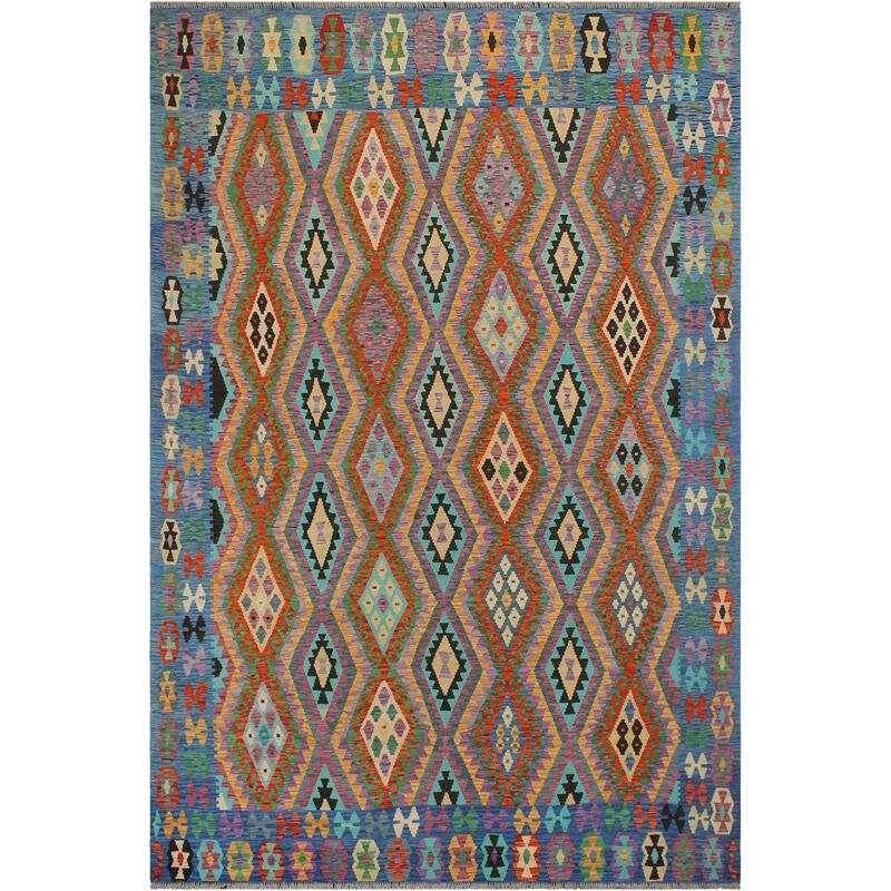 Southwestern Turkish Kilim Flo Rust Blue Hand-Woven Wool Rug - 8'2'' x 9'6''